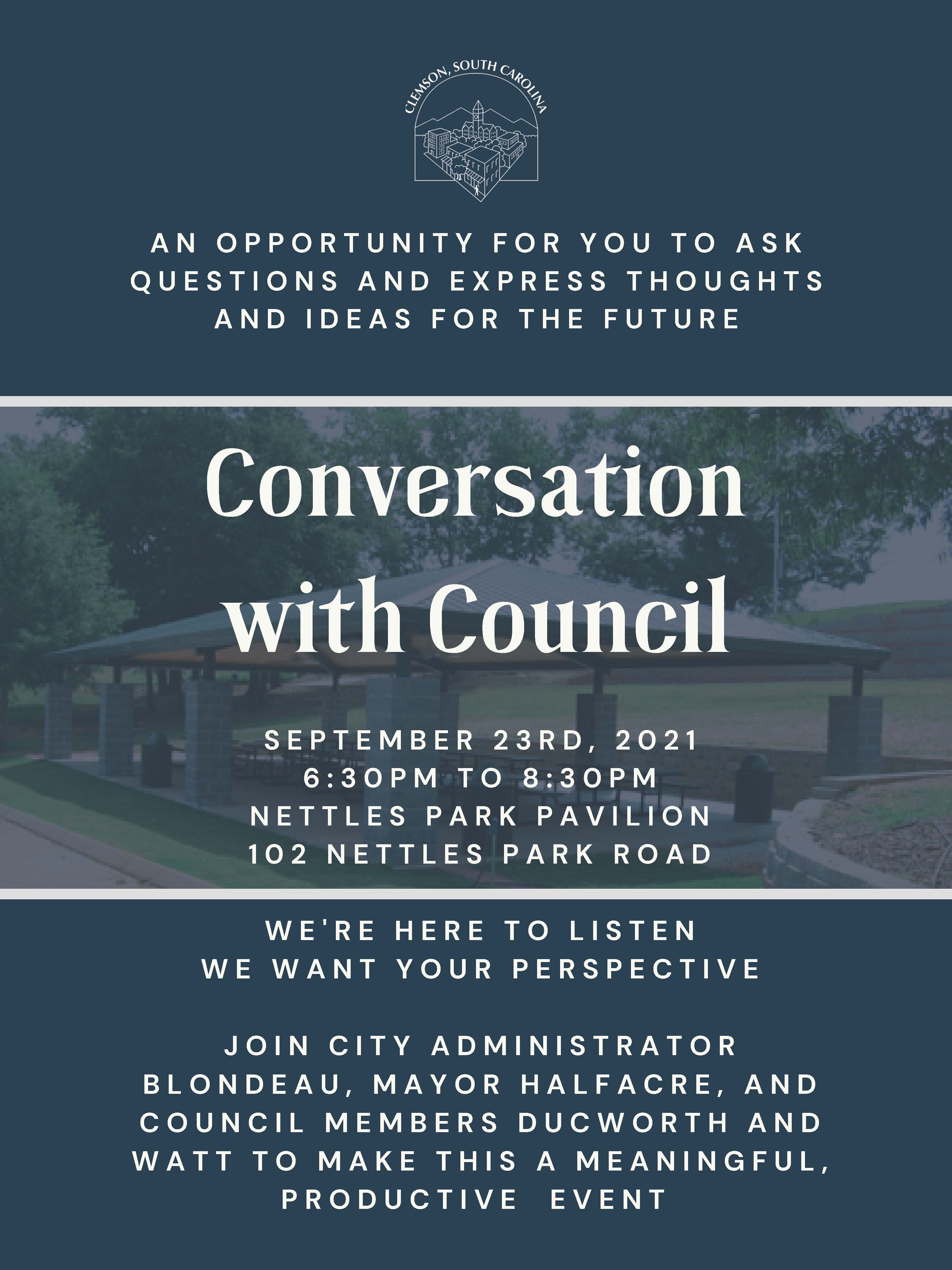 Conversations with Council September 23rd at Nettles Park